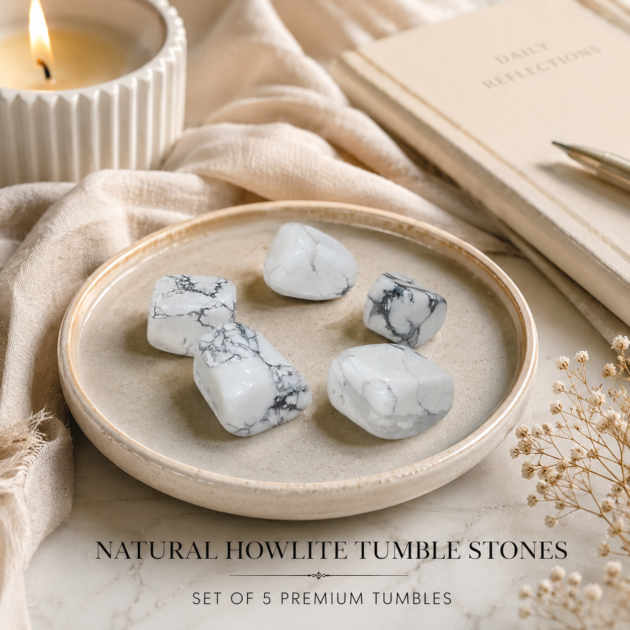 Natural Howlite Tumble Stones | Set of 5 Premium Howlite Crystal Tumbled Stones | Calming & Stress Relief Healing Crystals