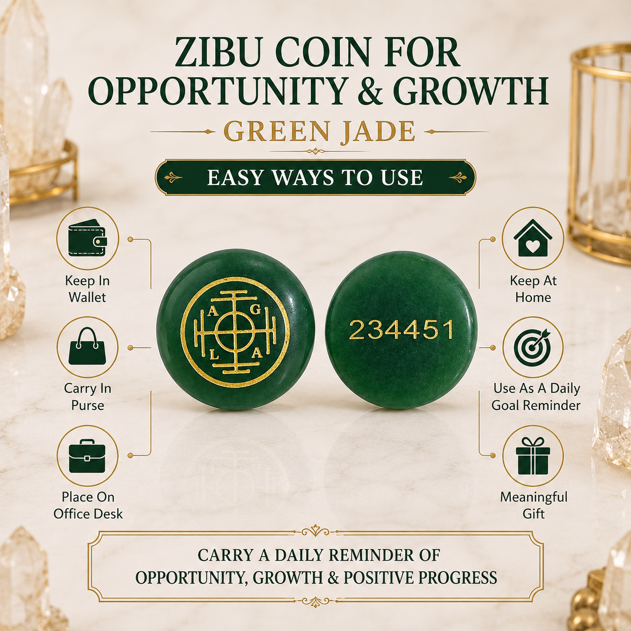 Natural Green Jade Opportunity & Growth Coin | Engraved Positive Progress Pocket Stone | Zibu Symbol Crystal Coin
