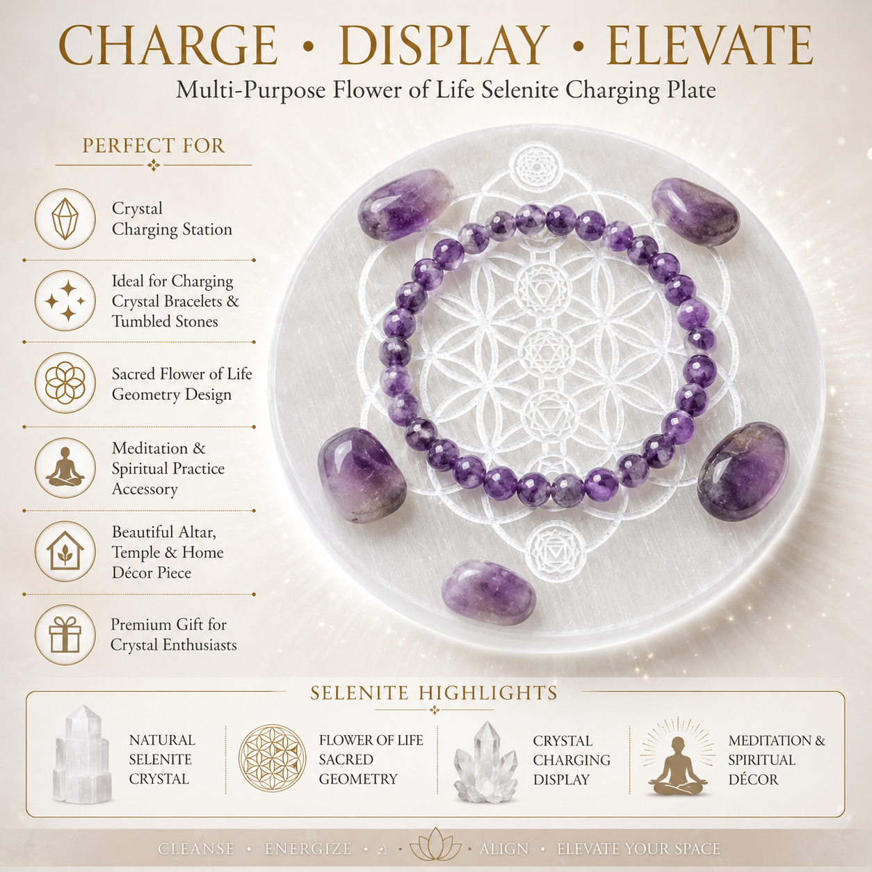 Flower of Life Selenite Charging Plate – Natural Crystal Cleansing & Charging Plate