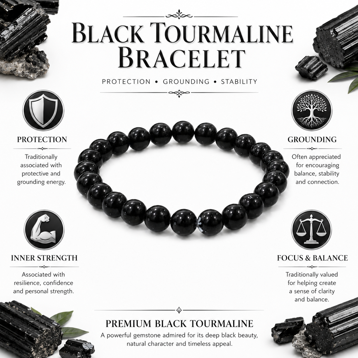 Natural Black Tourmaline Bracelet – Protection, Grounding & Energy Shield Bracelet