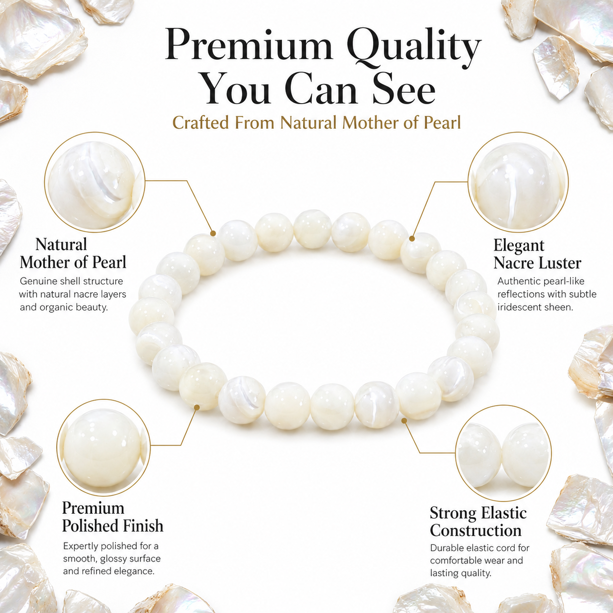 Natural Mother of Pearl Bracelet 8mm | Certified Calmness, Wisdom & Harmony Gemstone Bracelet