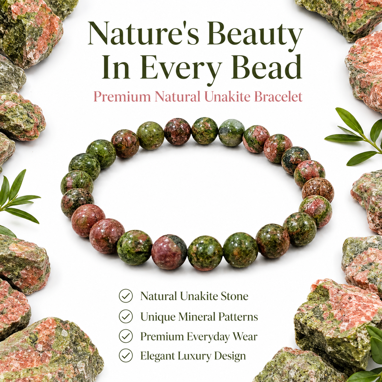 Natural Unakite Bracelet 8mm | Certified Gemstone Bracelet