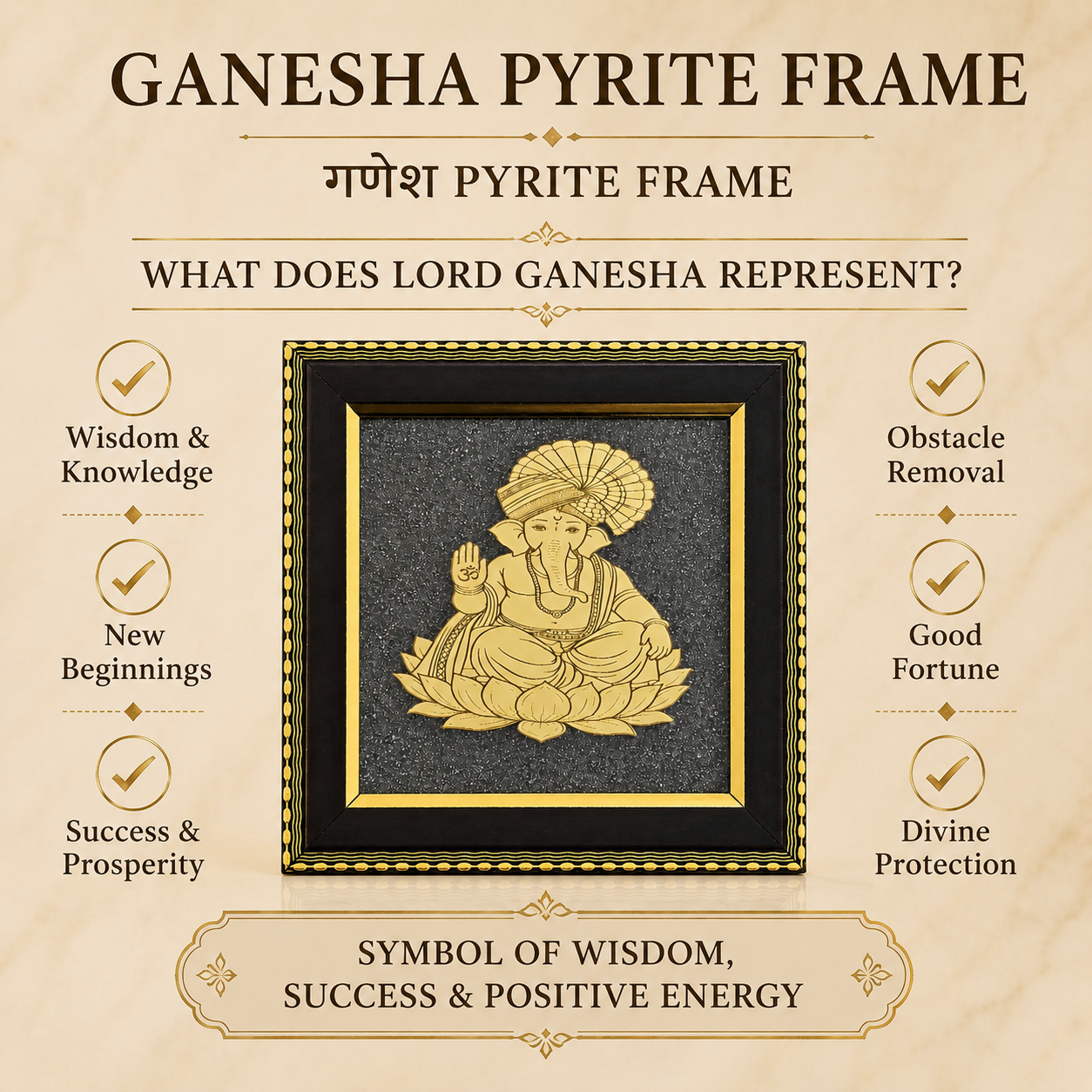 Natural Pyrite Lord Ganesha Frame | Handcrafted Ganesh Wall Décor | Spiritual & Auspicious Decorative Frame for Home and Office