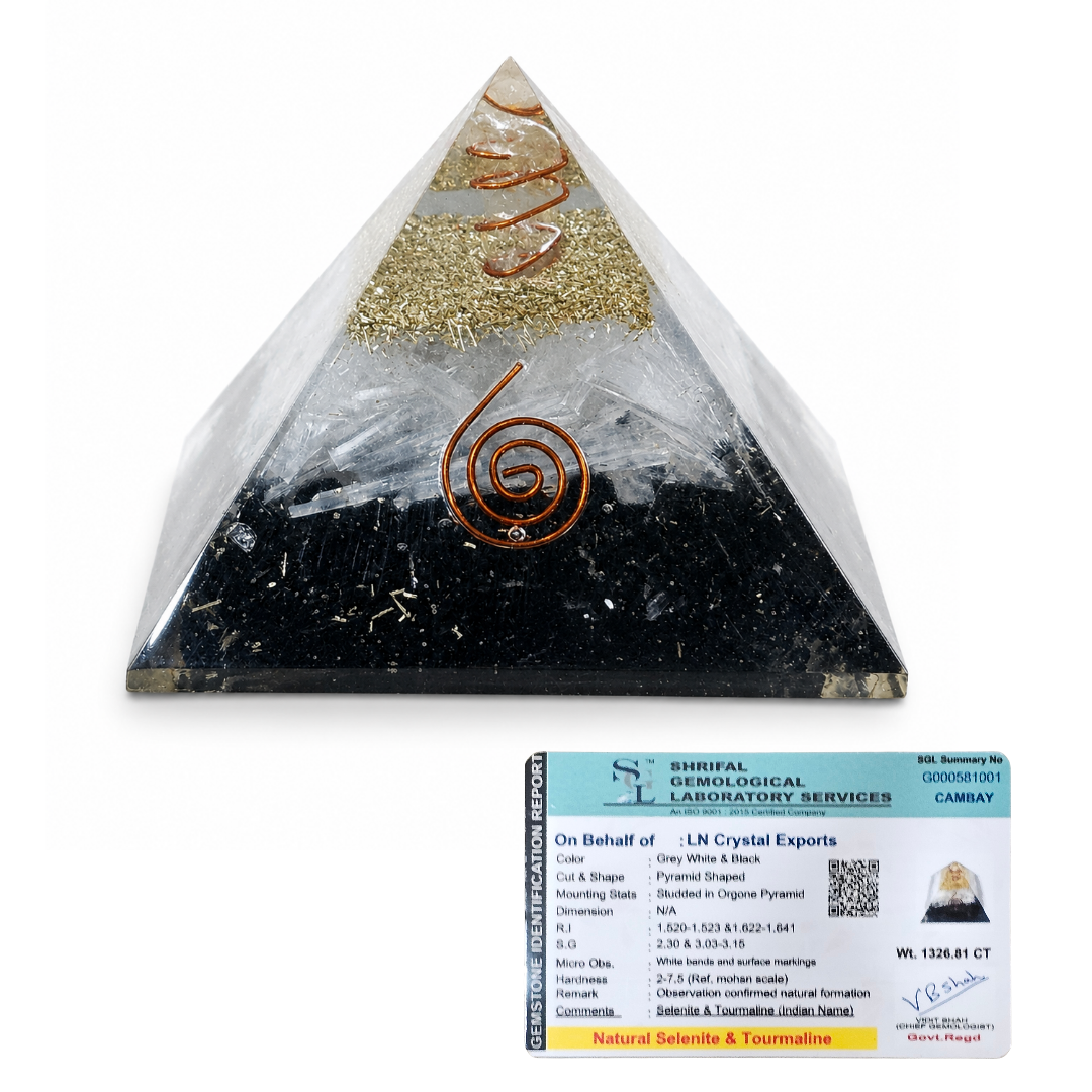 Natural Black Tourmaline & Selenite Orgonite Pyramid