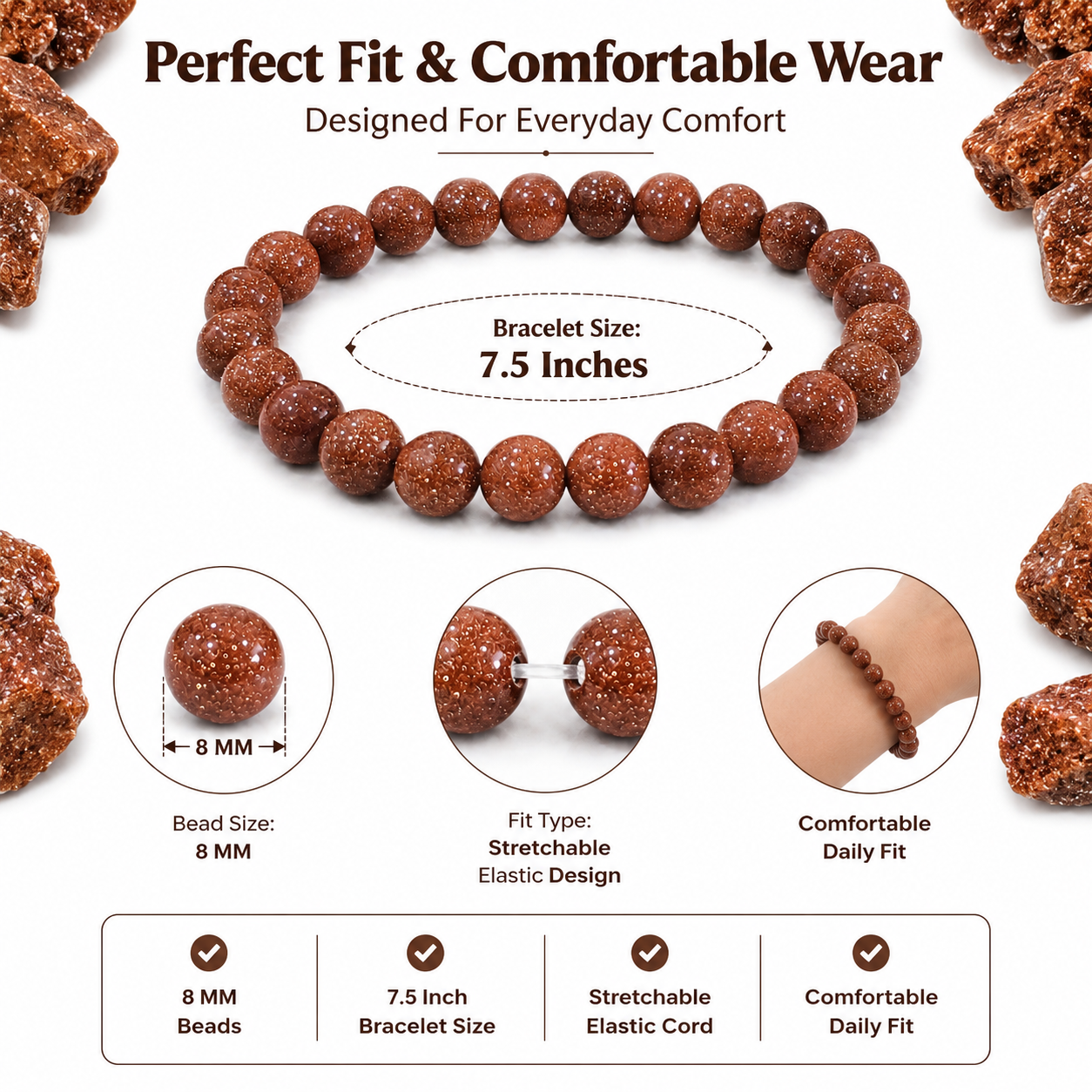 Red Goldstone Bracelet 8mm | Certified Success, Ambition & Positive Energy Crystal Bracelet