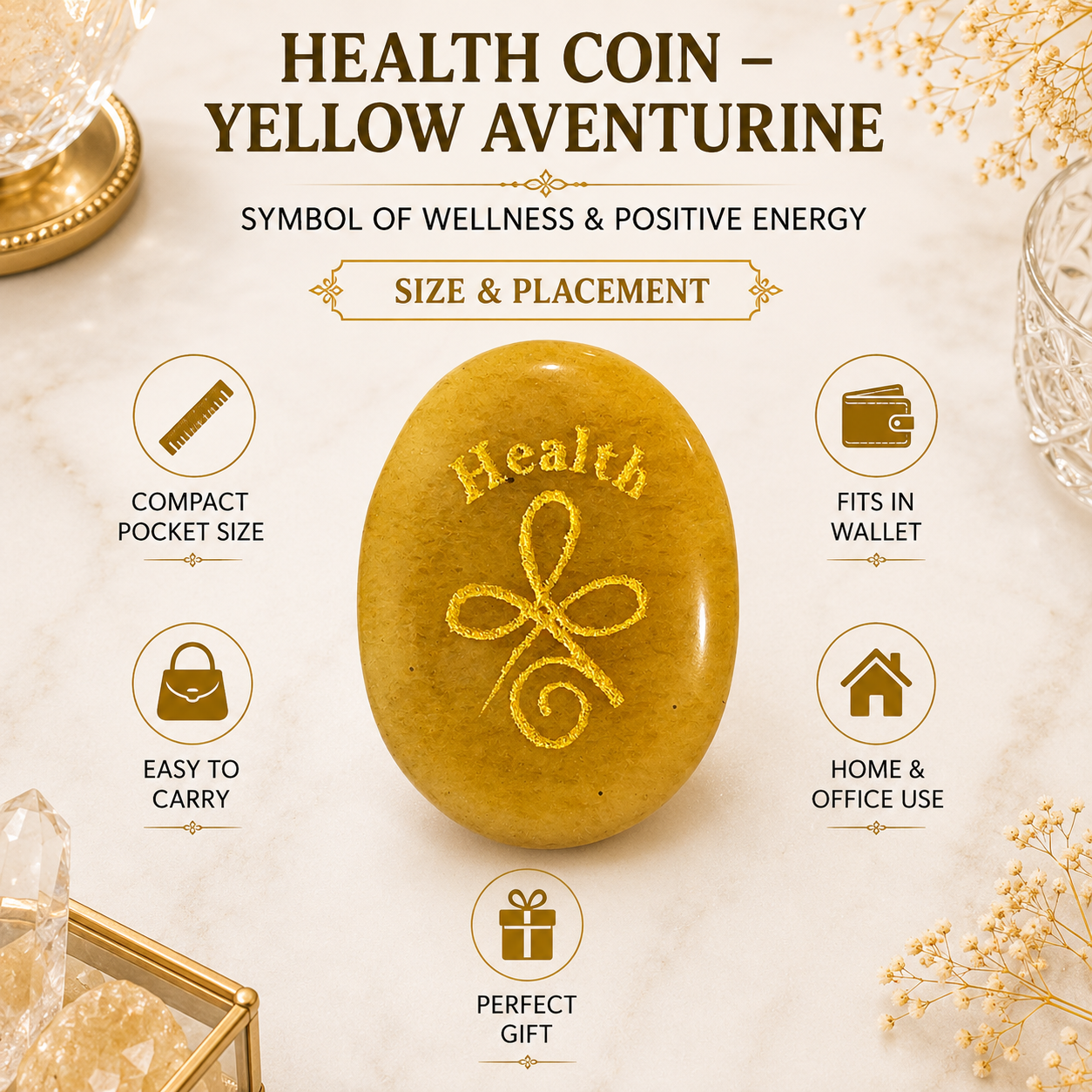 Natural Yellow Aventurine Health Coin | Wellness & Positive Energy Pocket Stone | Engraved Healing Symbol Crystal Coin