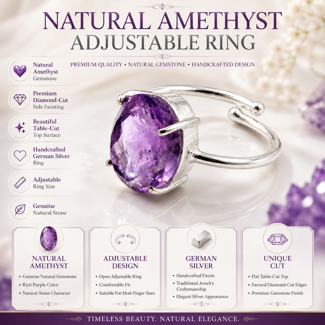 Natural Amethyst Adjustable Ring | Handmade Crystal Gemstone Ring | Healing Crystal Jewelry