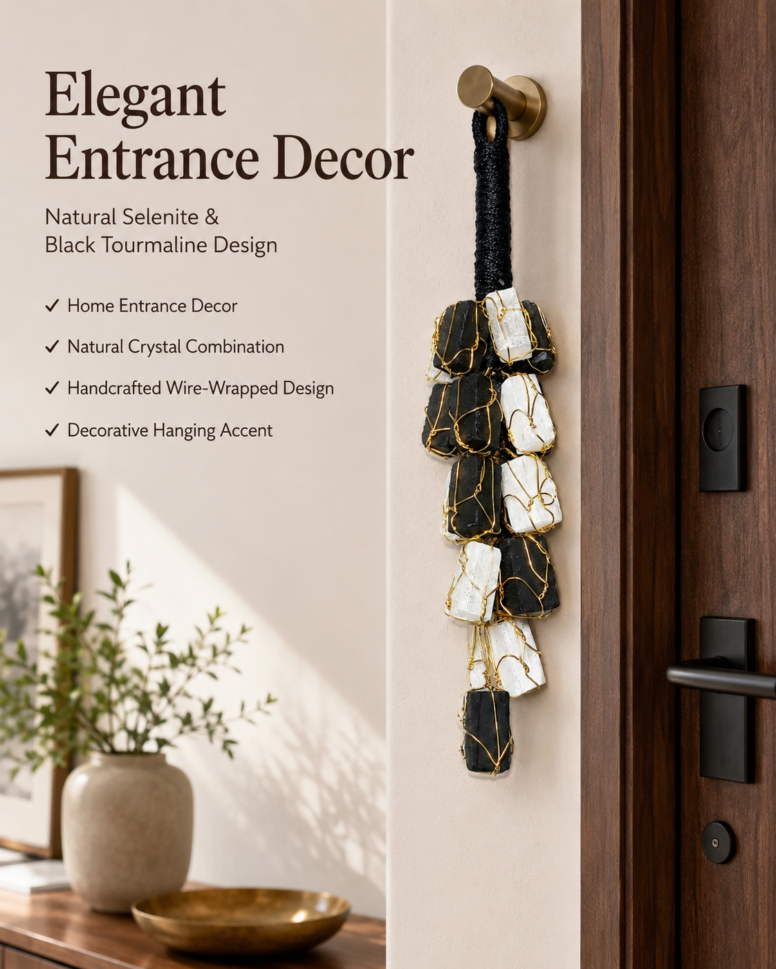 Selenite & Black Tourmaline Hanging Decor | Natural Crystal Home Decor