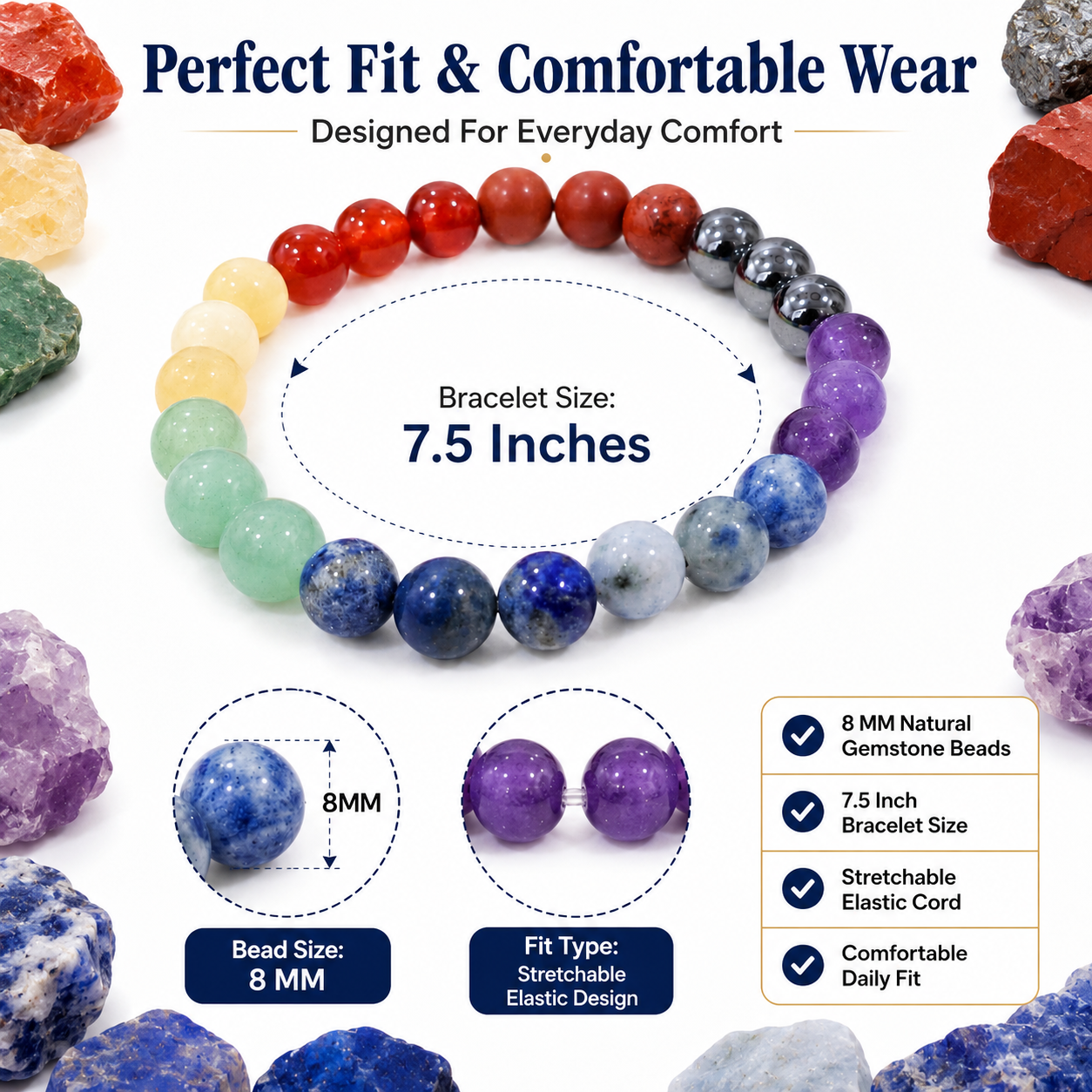Natural Seven Chakra Bracelet 8mm | Certified Multi Gemstone Chakra Healing Bracelet