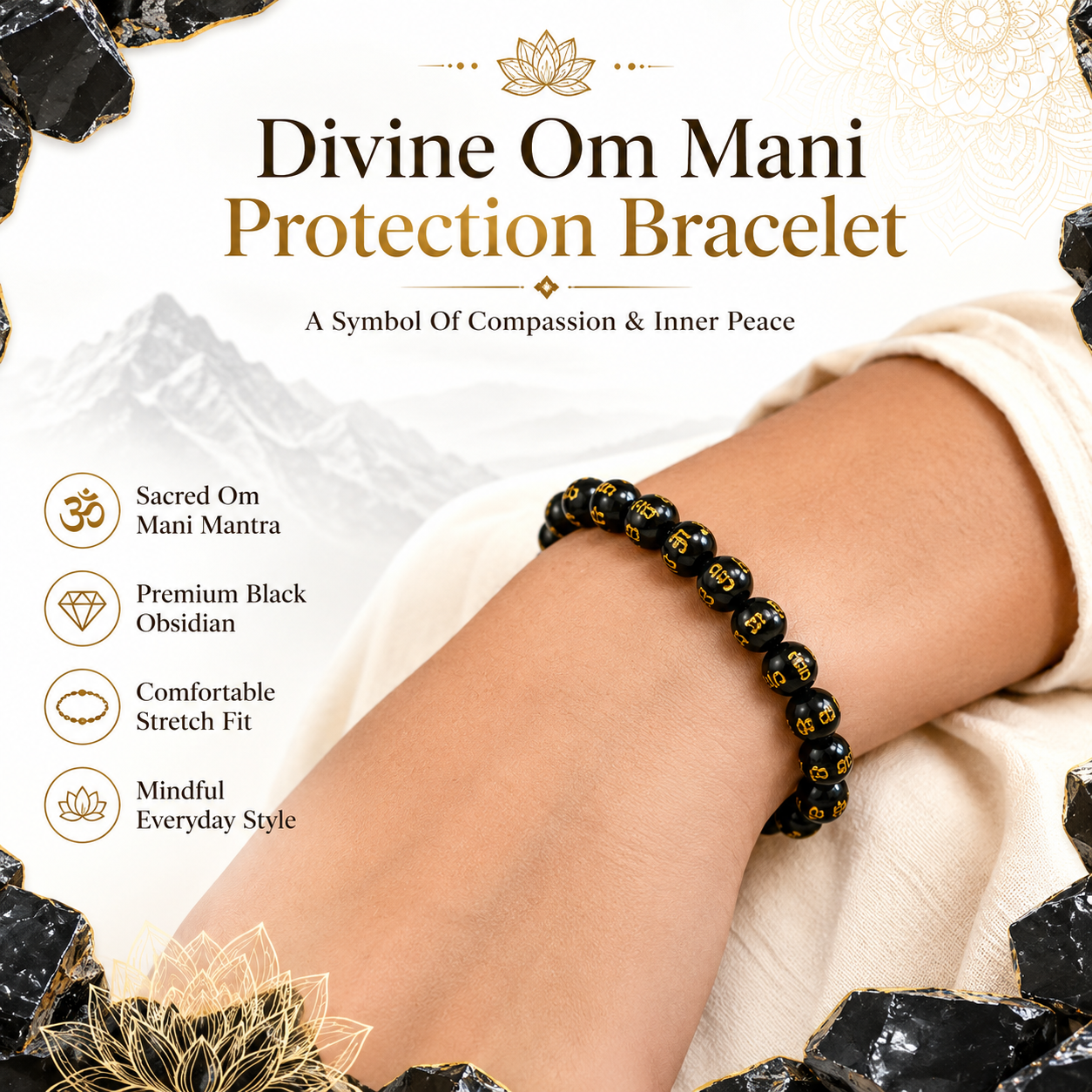 Divine OM Mani Protection Bracelet | Natural Black Obsidian Bracelet with Sacred Om Mani Mantra Beads