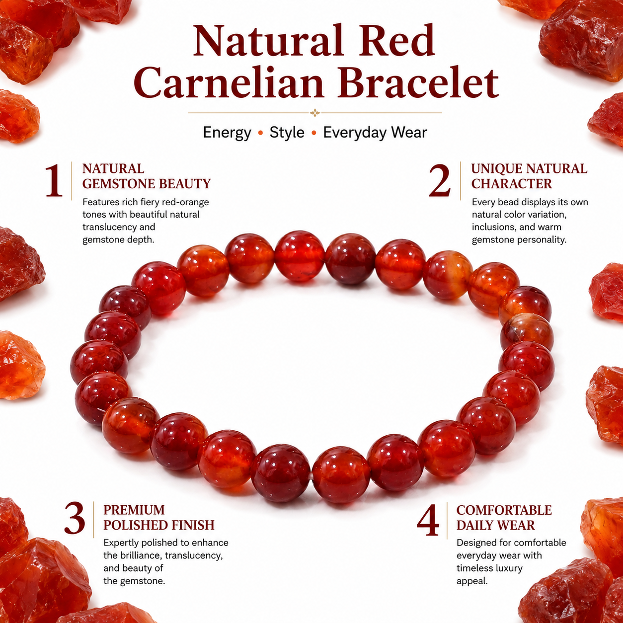 Natural Red Carnelian Bracelet 8mm | Certified Courage, Confidence & Vitality Gemstone Bracelet