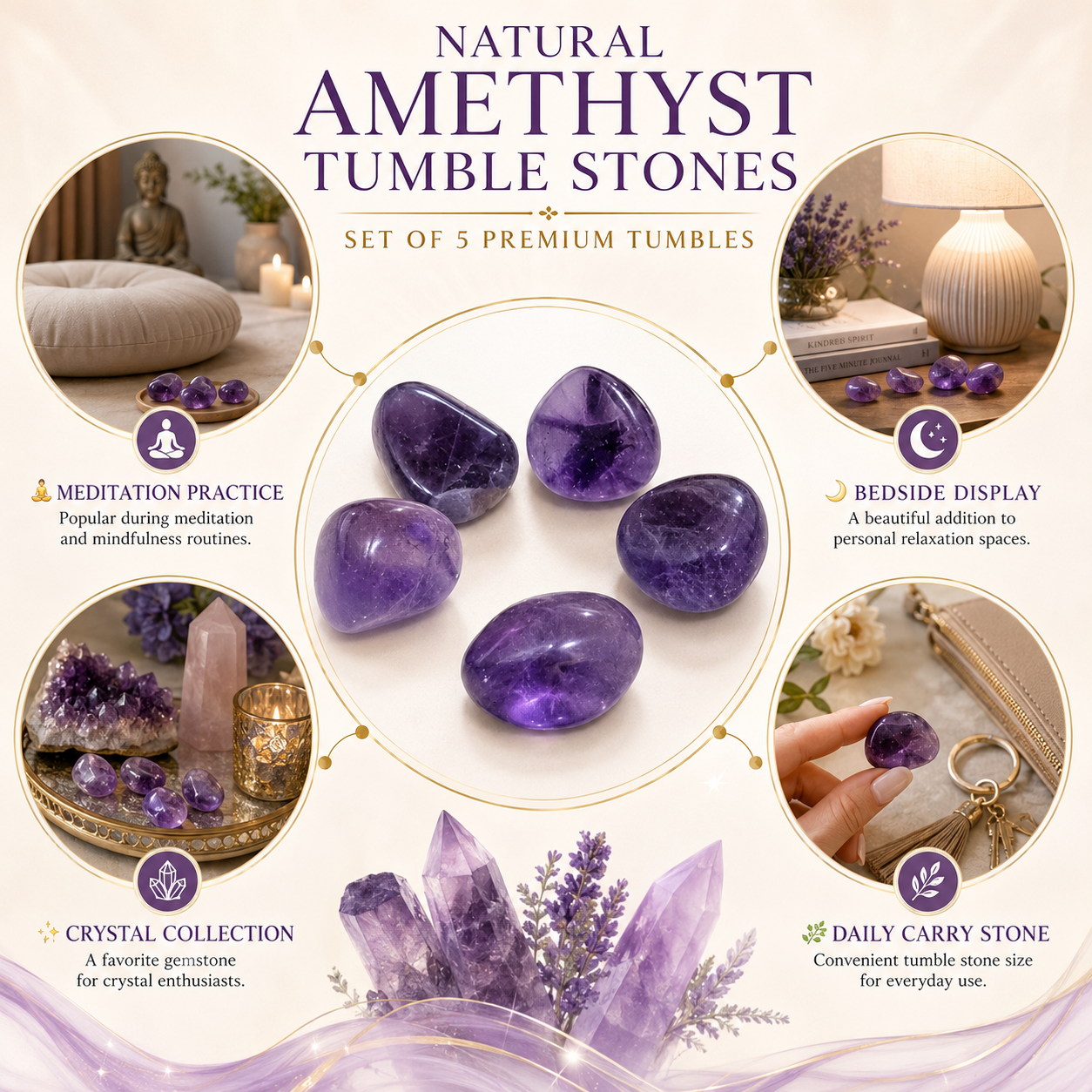 Natural Amethyst Tumble Stones | Set of 5 Premium Amethyst Crystal Tumbled Stones | Healing Crystal for Peace & Spiritual Growth