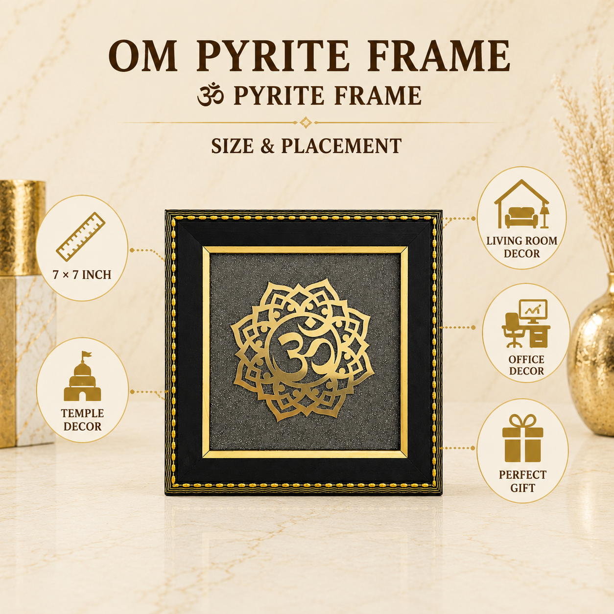 Natural Pyrite Om Mandala Frame | Sacred Om Symbol Wall Décor | Handcrafted Spiritual Decorative Frame for Home & Office