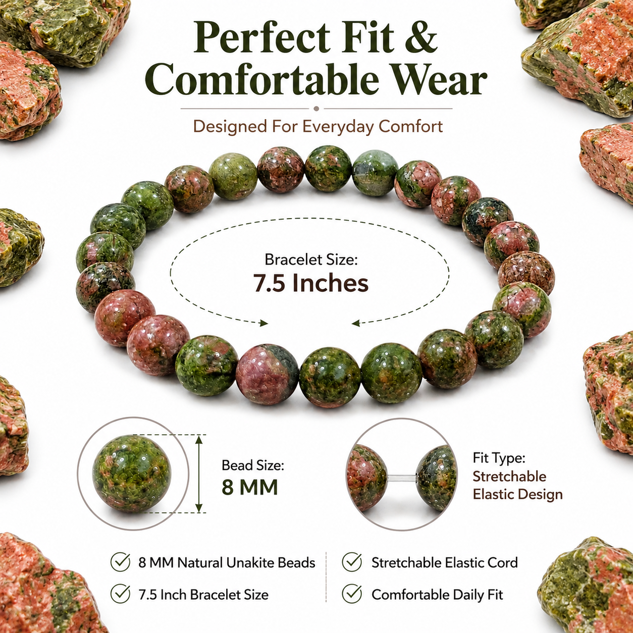 Natural Unakite Bracelet 8mm | Certified Gemstone Bracelet