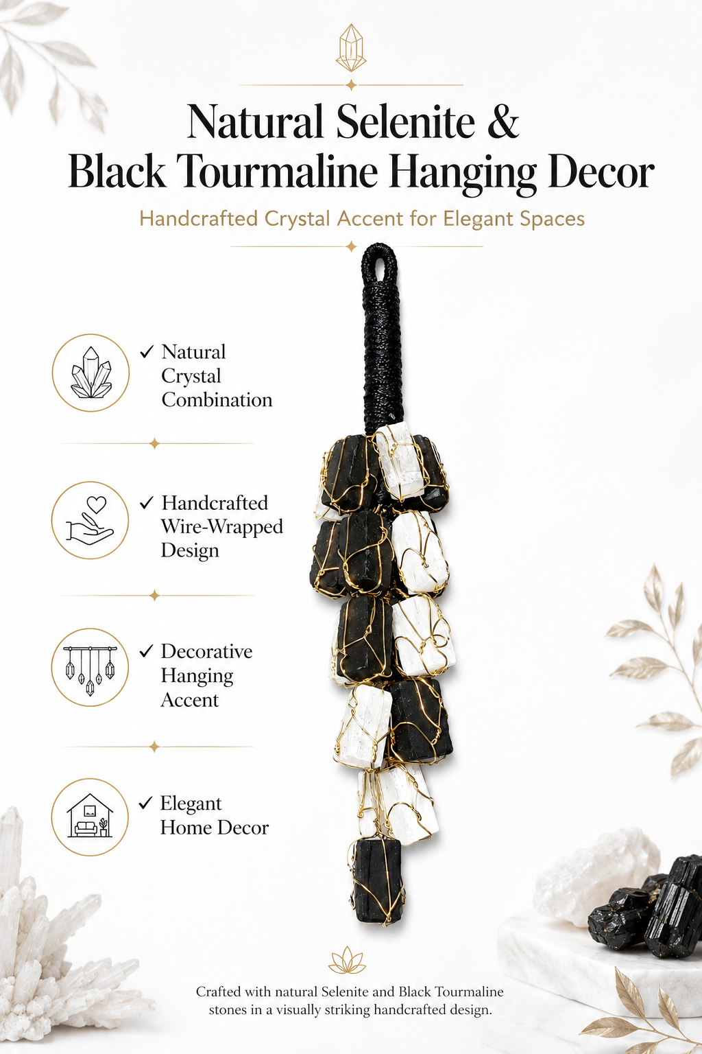 Selenite & Black Tourmaline Hanging Decor | Natural Crystal Home Decor
