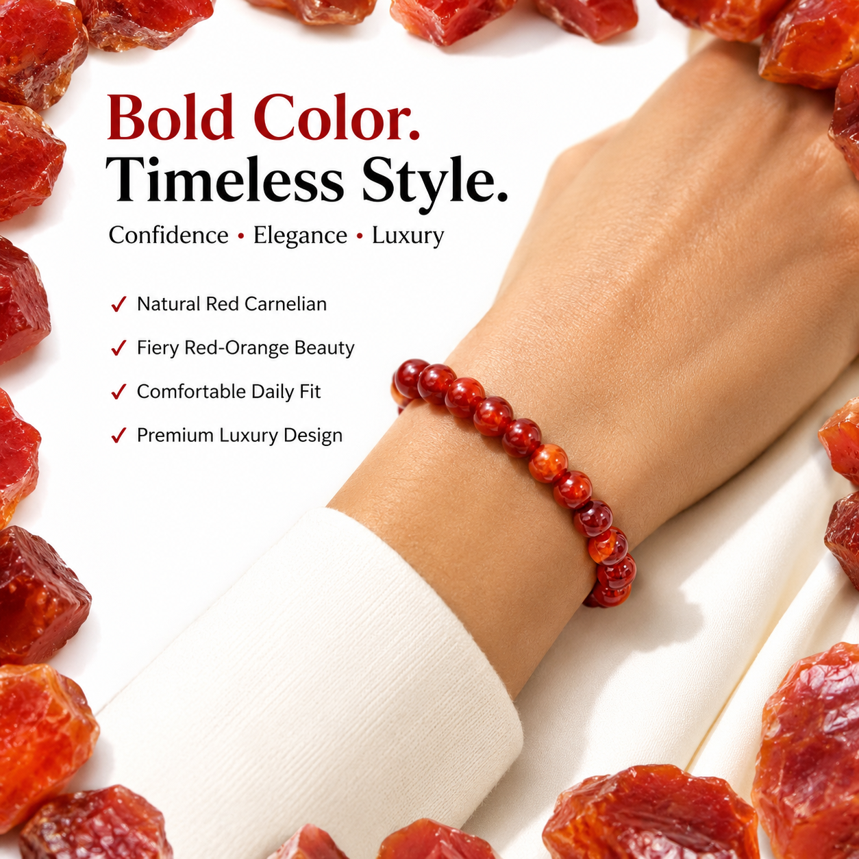 Natural Red Carnelian Bracelet 8mm | Certified Courage, Confidence & Vitality Gemstone Bracelet