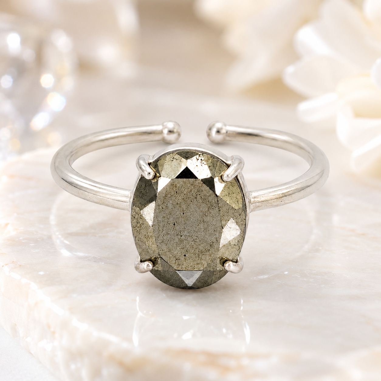 Natural Pyrite Adjustable Ring | Handmade Crystal Gemstone Ring | Healing Crystal Jewelry