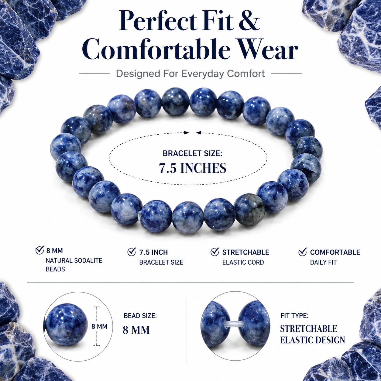 Natural Sodalite Bracelet 8mm | Certified Gemstone Bracelet