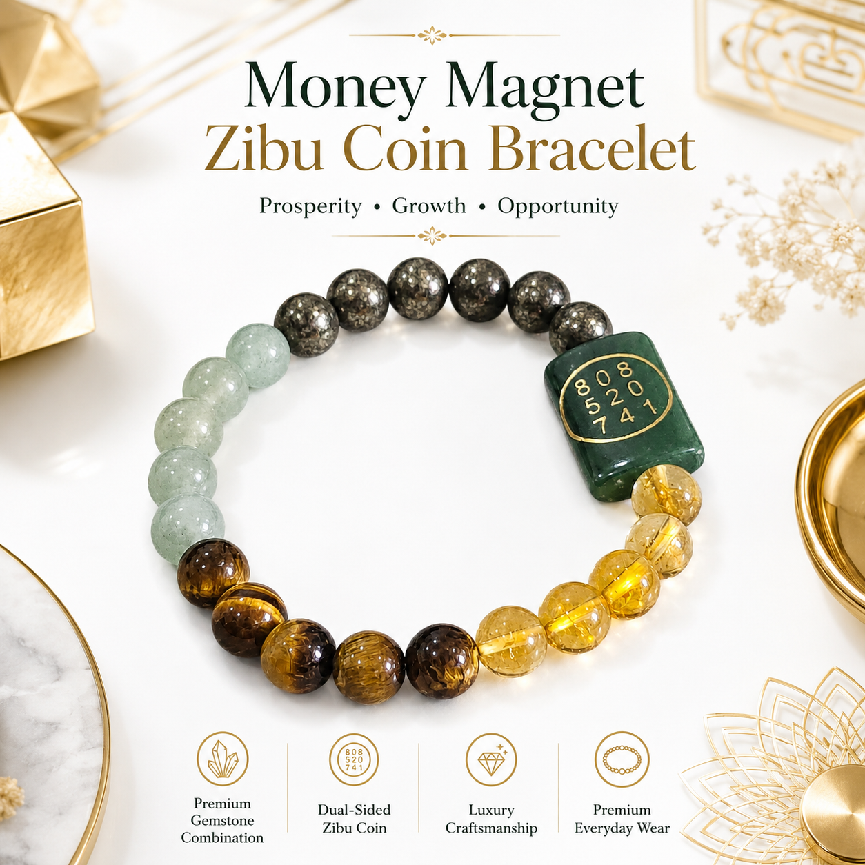 Money Magnet Zibu Coin Bracelet – Citrine, Green Aventurine, Tiger Eye & Pyrite Wealth Bracelet