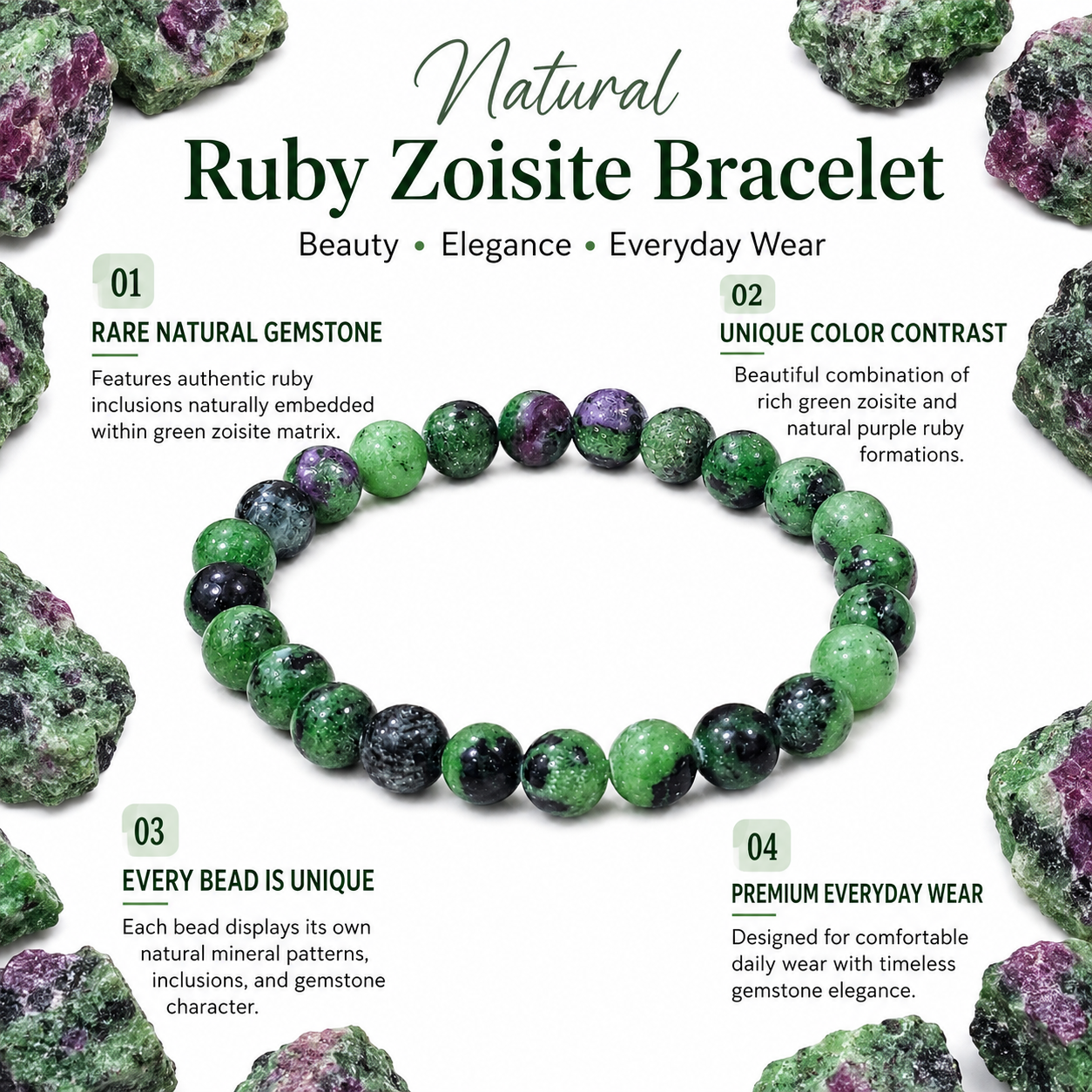 Natural Ruby Zoisite Bracelet 8mm | Certified Gemstone Bracelet