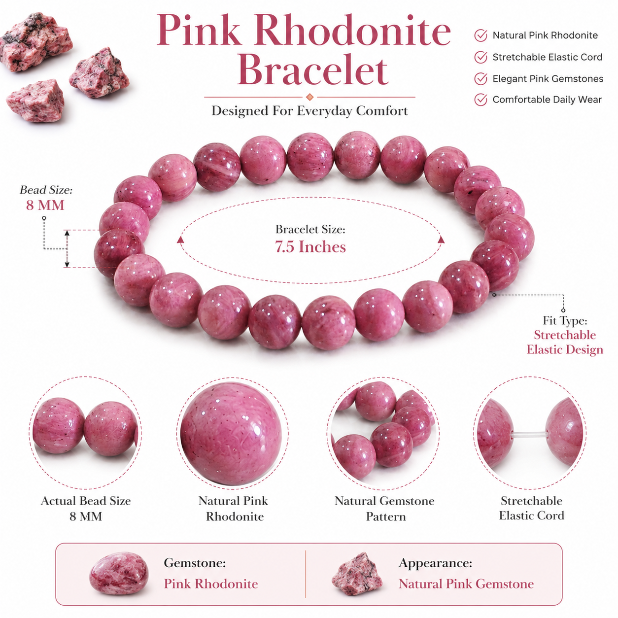 Natural Pink Rhodonite Bracelet – Love, Emotional Balance & Compassion Bracelet
