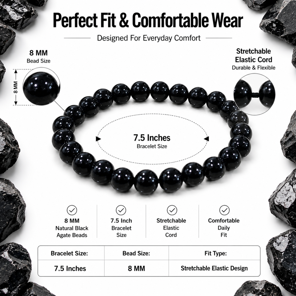Black Agate Bracelet 8mm | Certified Protection, Strength & Grounding Bracelet