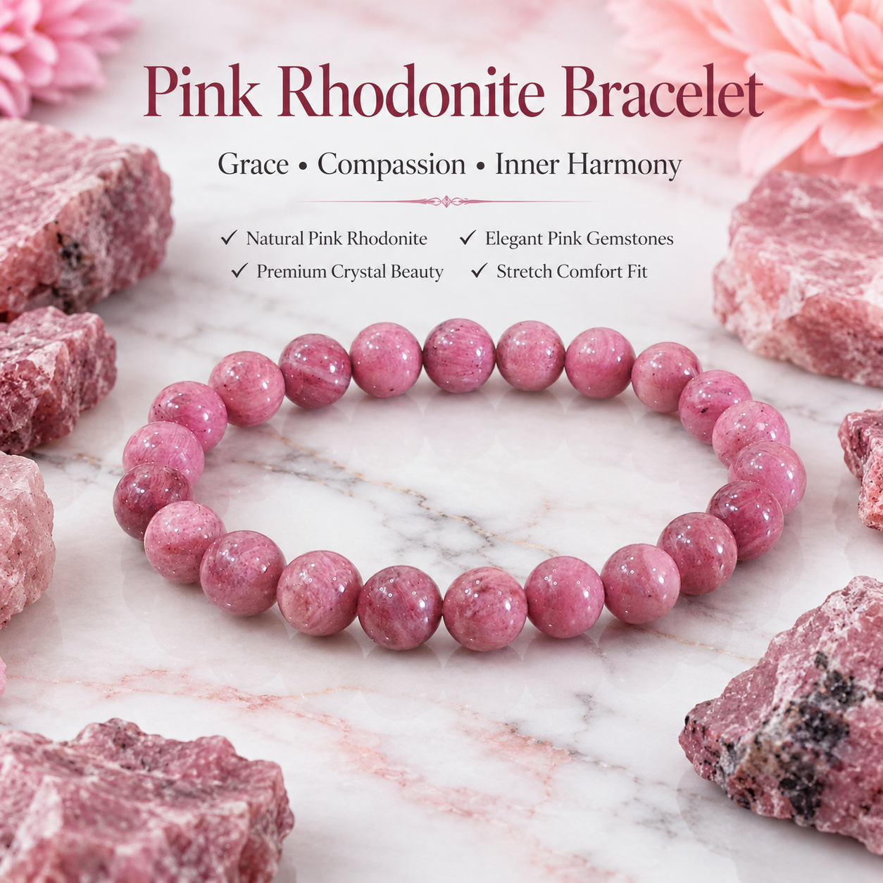 Natural Pink Rhodonite Bracelet – Love, Emotional Balance & Compassion Bracelet