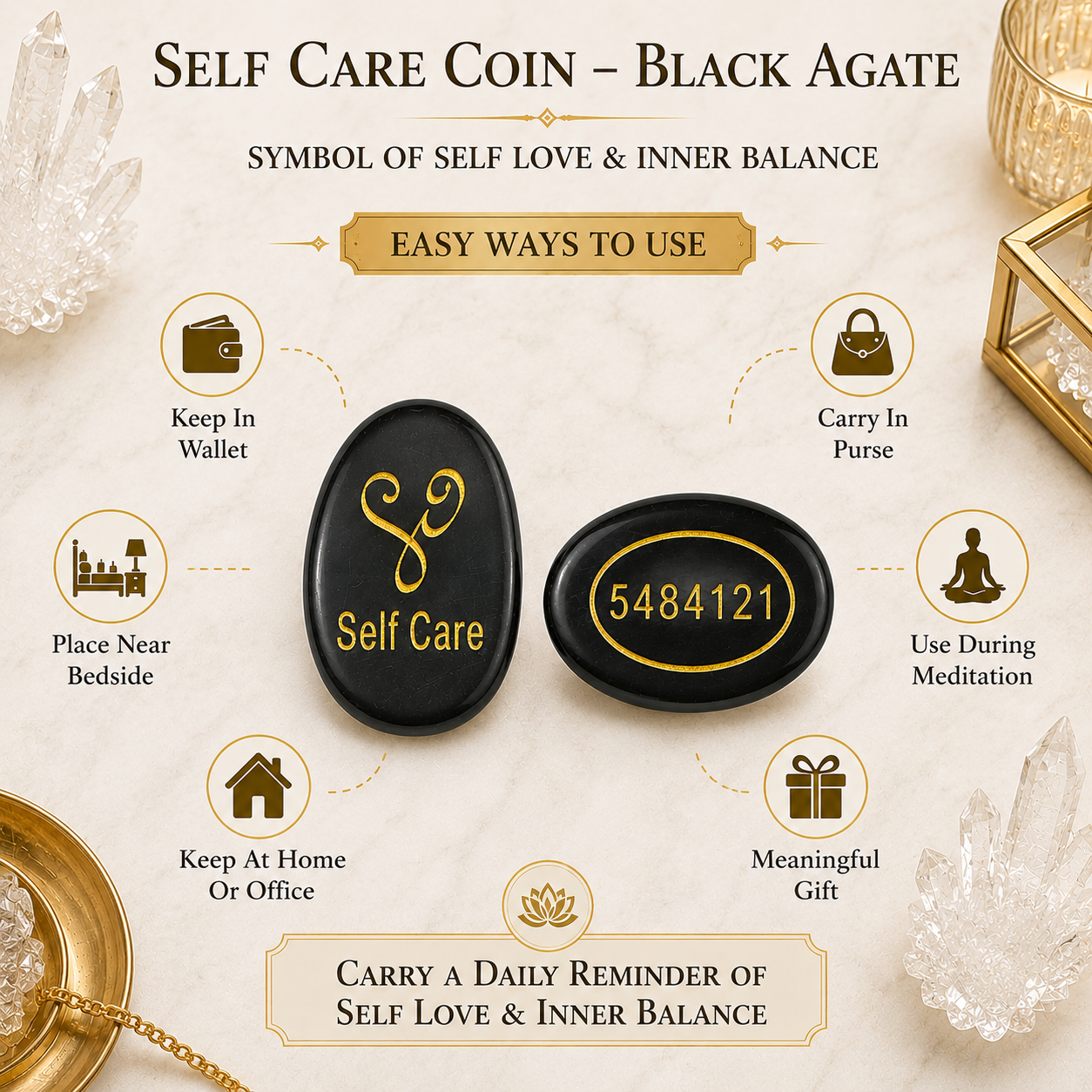 Natural Black Agate Self Care Coin | Engraved Self Love Pocket Stone | Inner Balance Crystal Coin