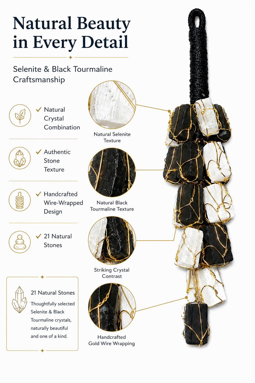 Selenite & Black Tourmaline Hanging Decor | Natural Crystal Home Decor