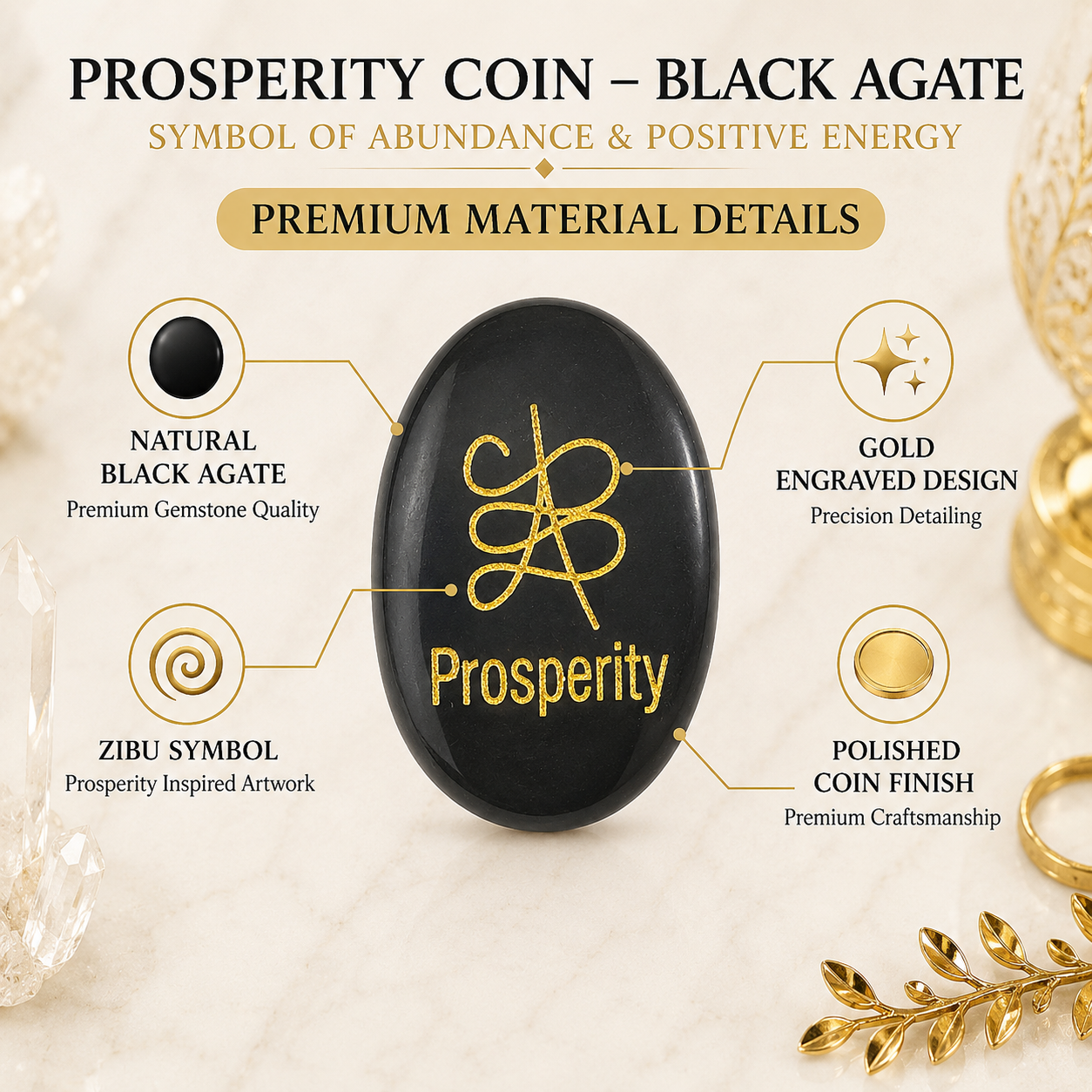 Natural Black Agate Prosperity Coin | Engraved Abundance Symbol Pocket Stone | Positive Energy Crystal Coin