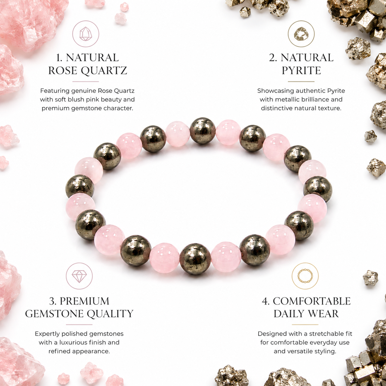 Prosperity & Love Bracelet | Natural Rose Quartz & Pyrite Crystal Bracelet 8mm