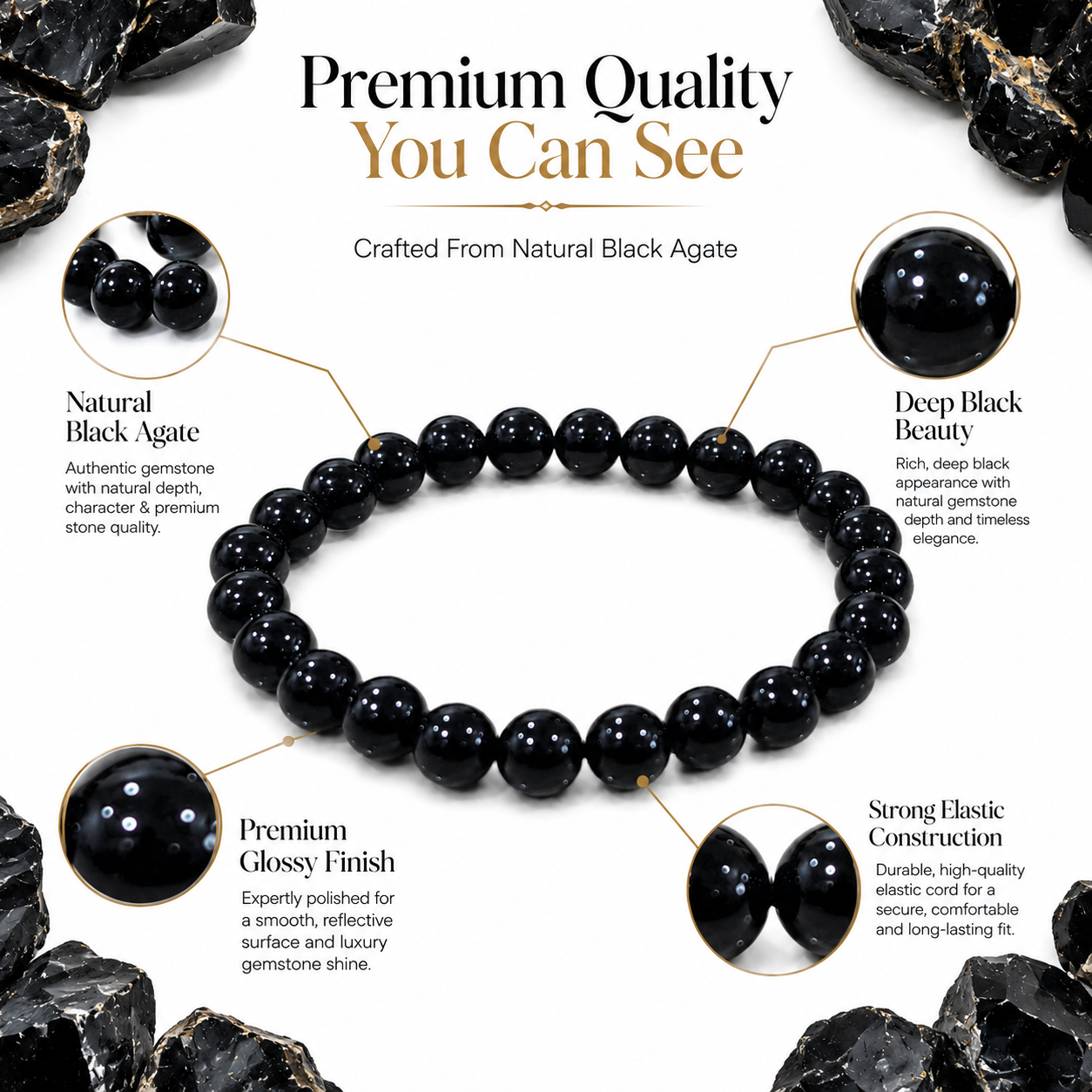 Black Agate Bracelet 8mm | Certified Protection, Strength & Grounding Bracelet