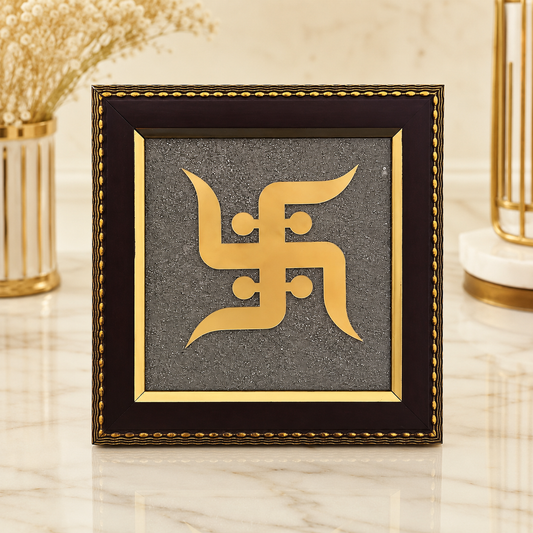Natural Pyrite Swastik Frame | Sacred Swastik Symbol Wall Décor | Handcrafted Spiritual Frame for Home & Office