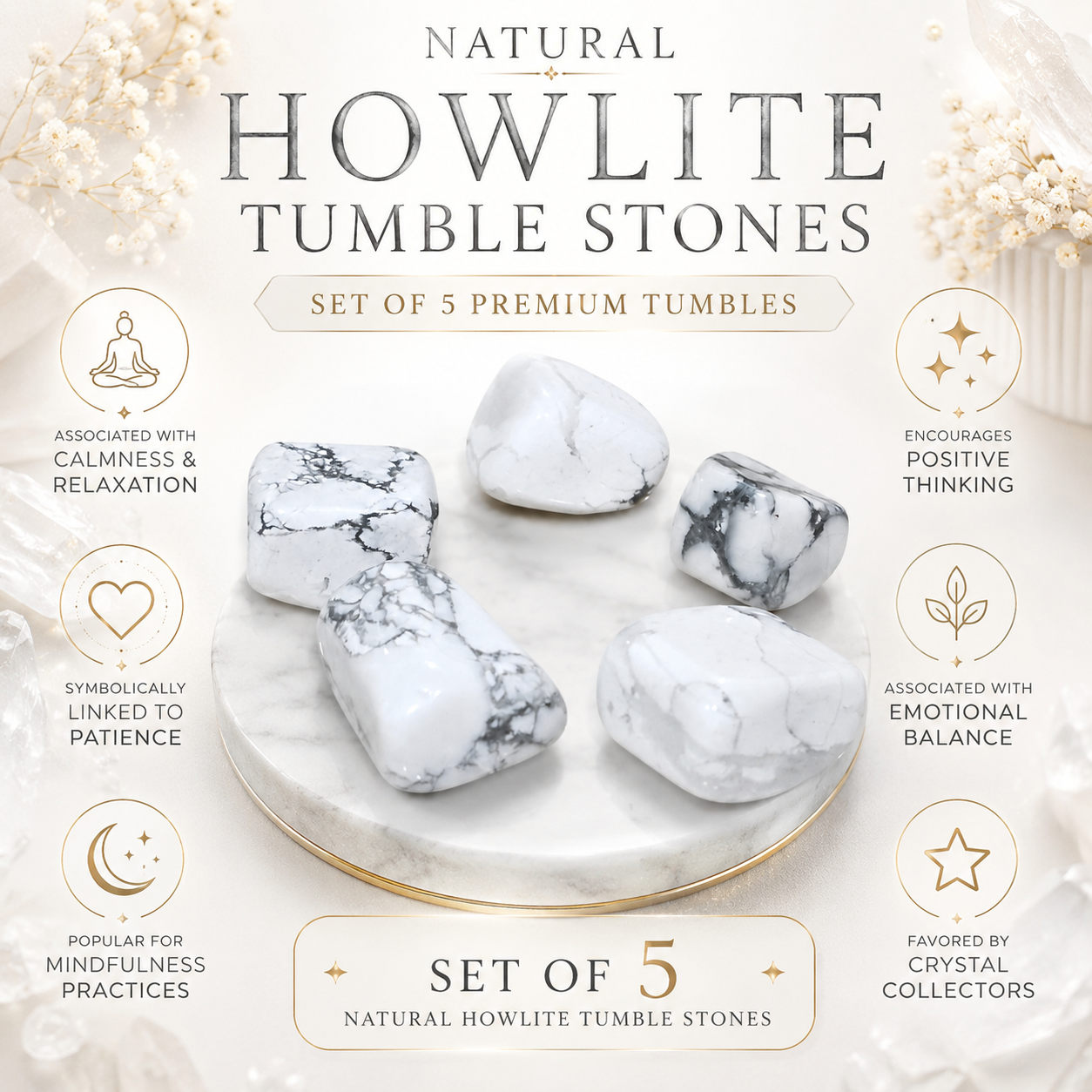Natural Howlite Tumble Stones | Set of 5 Premium Howlite Crystal Tumbled Stones | Calming & Stress Relief Healing Crystals