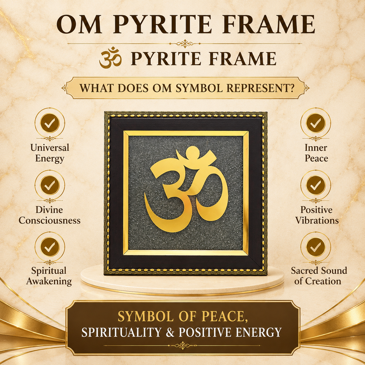 Natural Pyrite Om Frame | Handcrafted Sacred Om Symbol Wall Décor | Spiritual & Positive Energy Frame