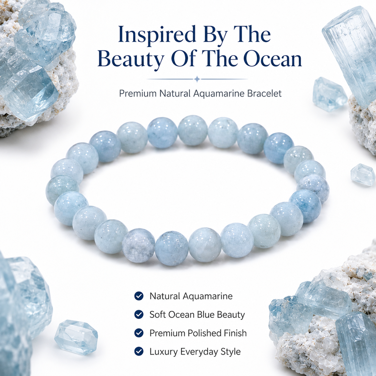 Natural Aquamarine Bracelet 8mm | Certified Ocean Blue Gemstone Crystal Bracelet