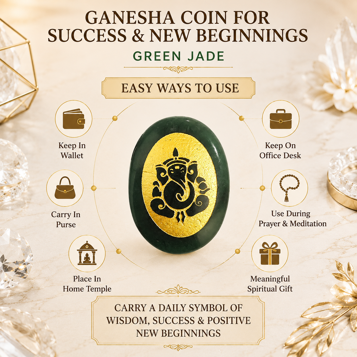 Natural Green Jade Ganesha Coin | Success & New Beginnings Pocket Stone | Lord Ganesha Engraved Crystal Coin