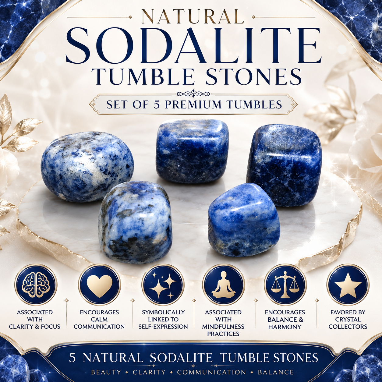 Natural Sodalite Tumble Stones | Set of 5 Premium Sodalite Crystal Tumbled Stones | Communication, Intuition & Inner Peace Healing Crystals