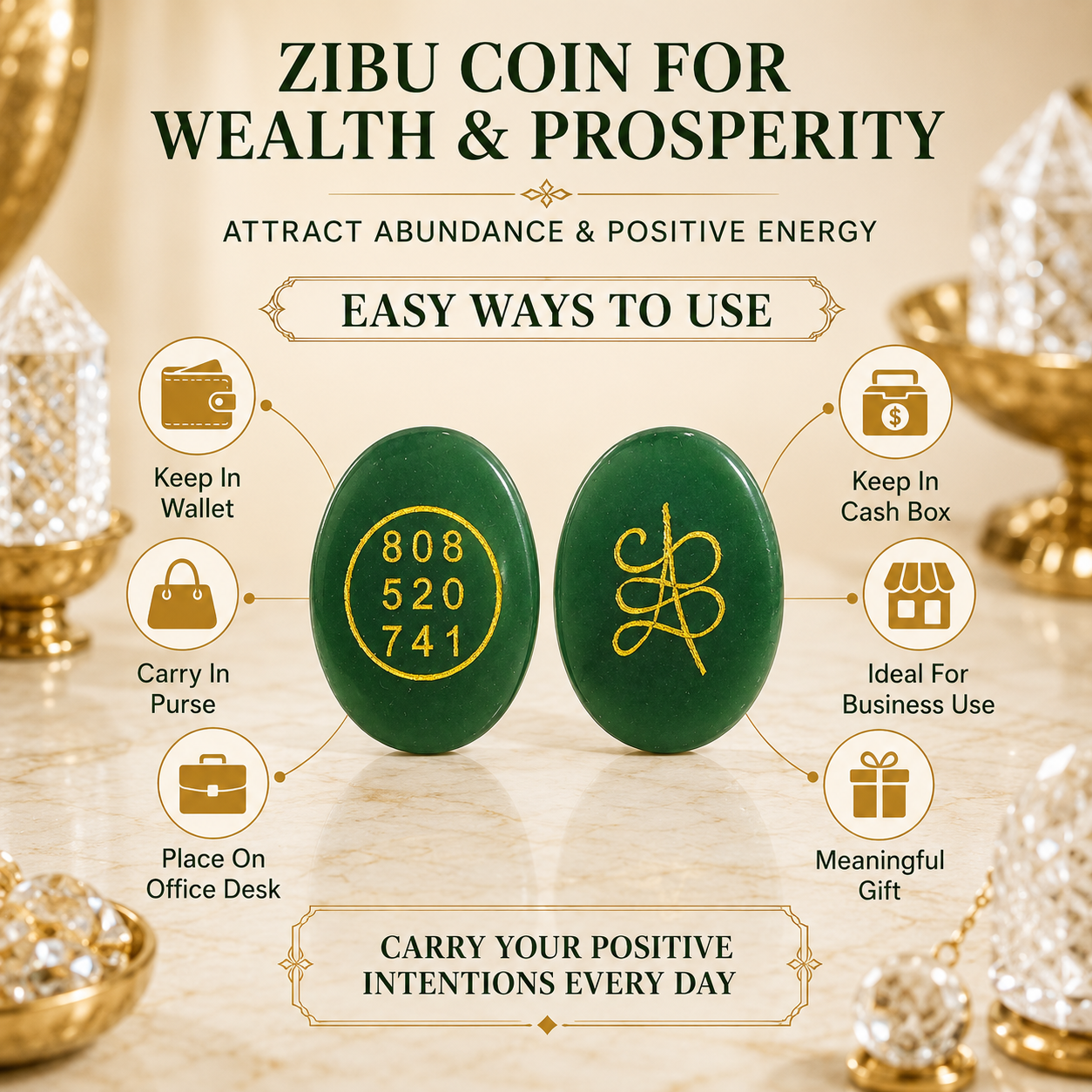Natural Green Jade Zibu Coin for Wealth & Prosperity | Sacred Abundance Energy Coin | Pocket Crystal for Manifestation & Positive Energy
