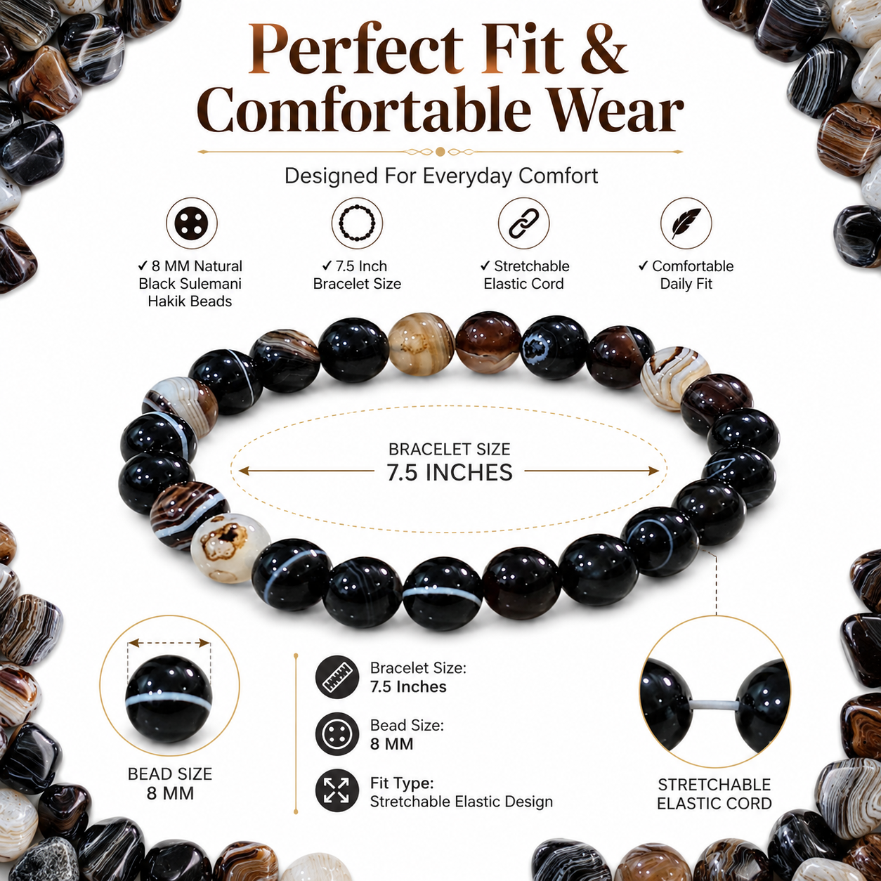 Natural Black Sulemani Hakik Bracelet 8mm