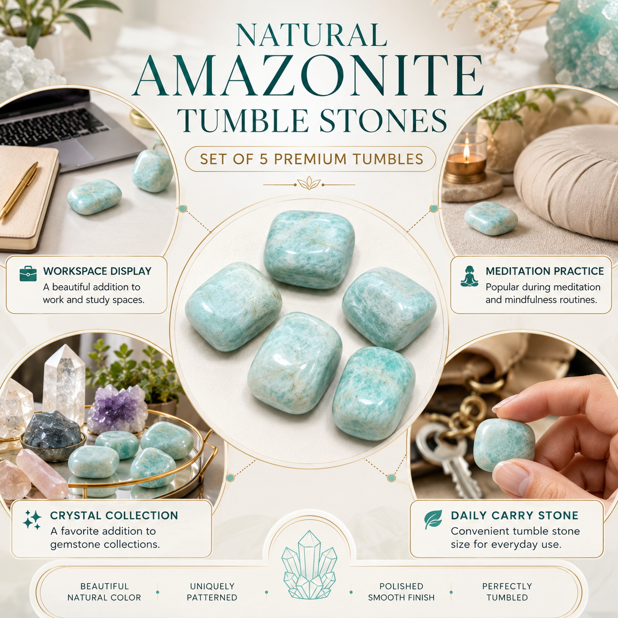 Natural Amazonite Tumble Stones | Set of 5 Premium Polished Amazonite Crystals | Communication, Harmony & Positive Energy Stones