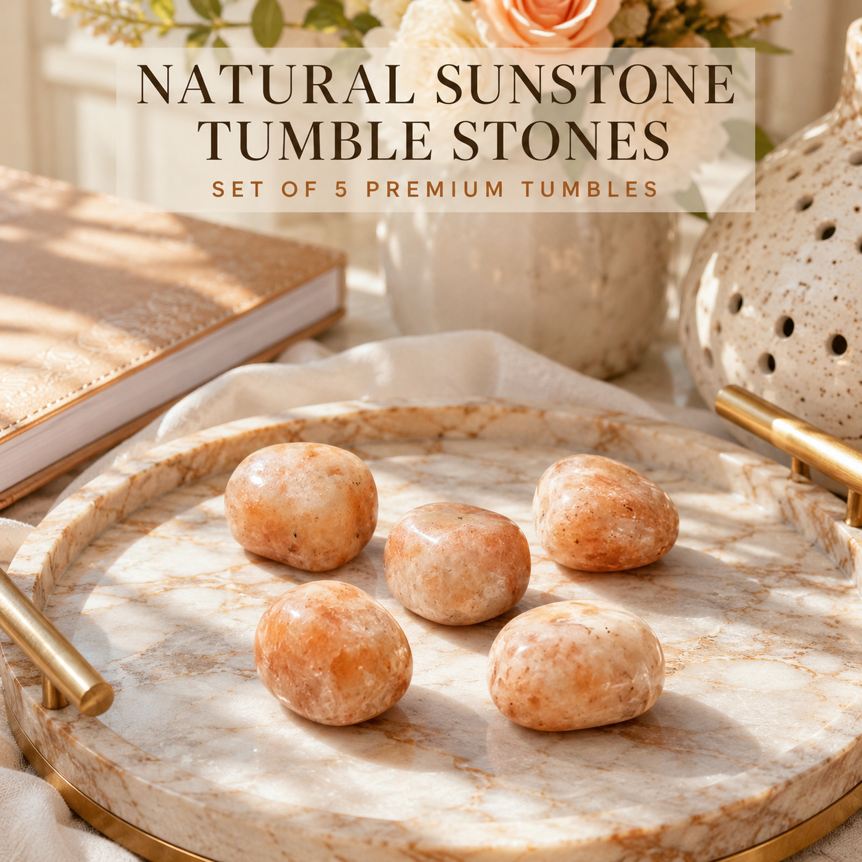 Natural Sunstone Tumble Stones | Set of 5 Premium Sunstone Crystal Tumbled Stones | Positivity, Confidence & Joy Healing Crystals
