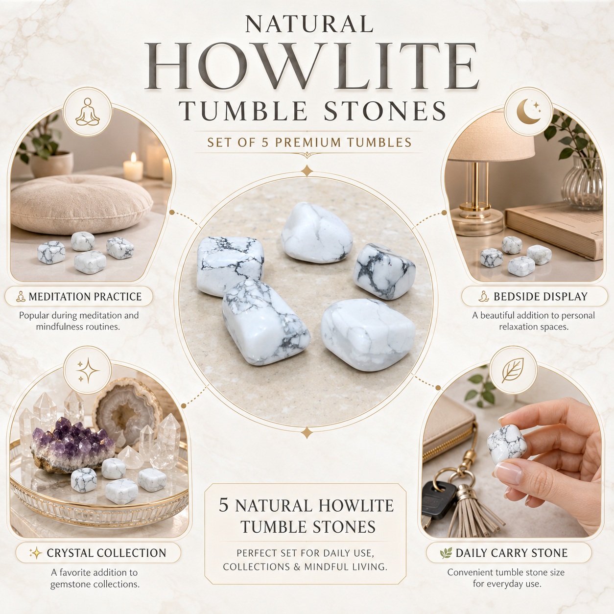 Natural Howlite Tumble Stones | Set of 5 Premium Howlite Crystal Tumbled Stones | Calming & Stress Relief Healing Crystals