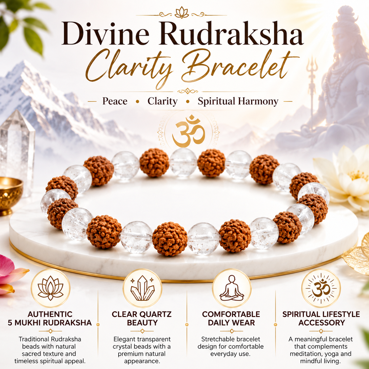 Divine Rudraksha Clarity Bracelet – Natural Rudraksha & Clear Quartz Spiritual Bracelet