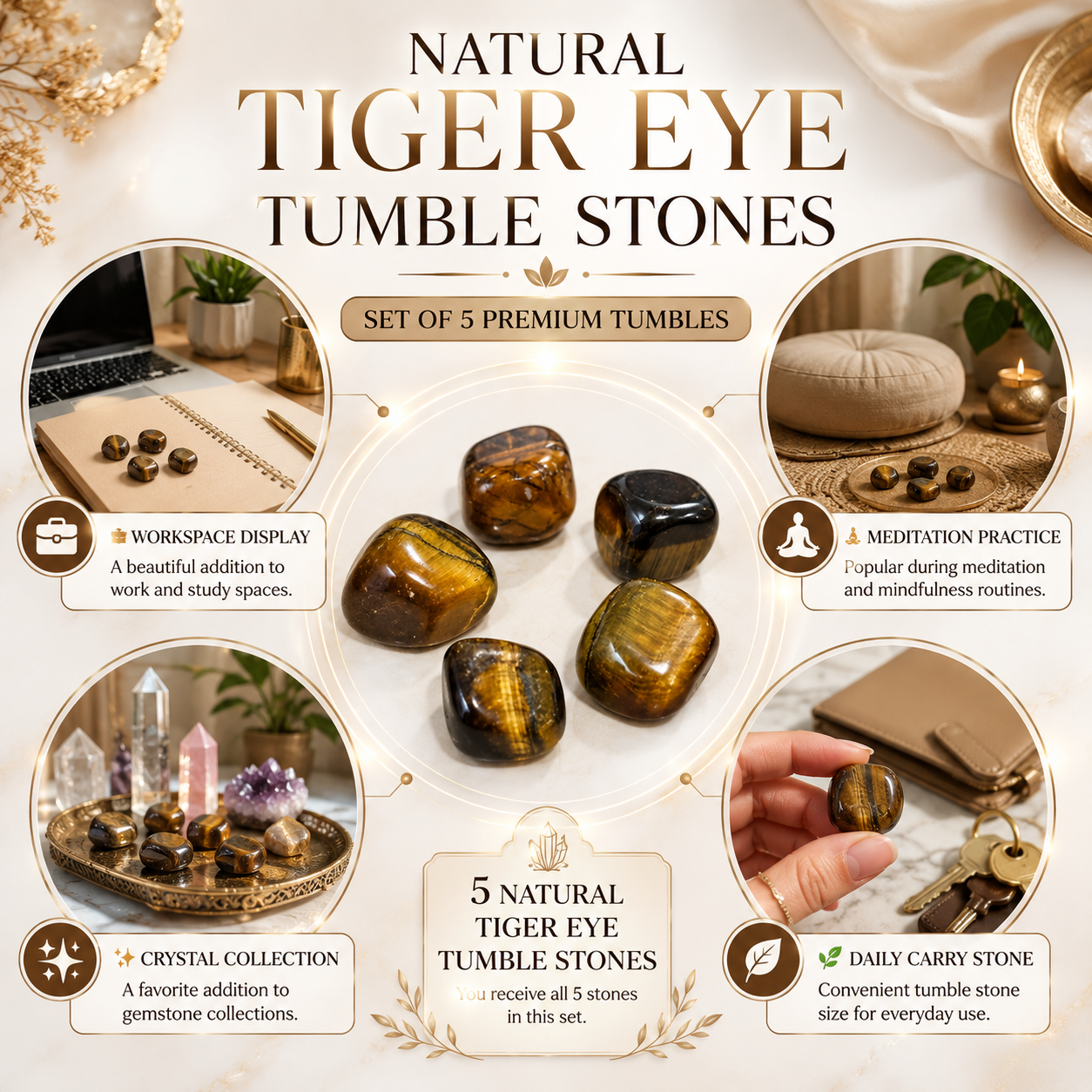 Natural Tiger Eye Tumble Stones | Set of 5 Premium Tiger Eye Crystal Tumbled Stones | Protection, Confidence & Grounding Healing Crystals