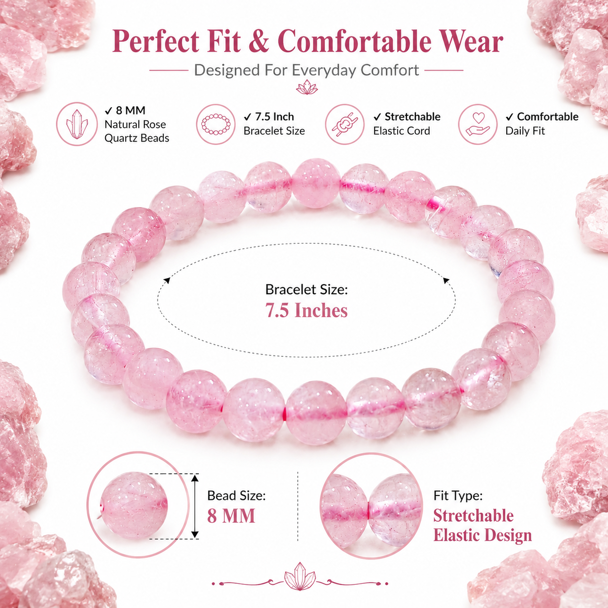 Natural Rose Quartz Bracelet 8mm