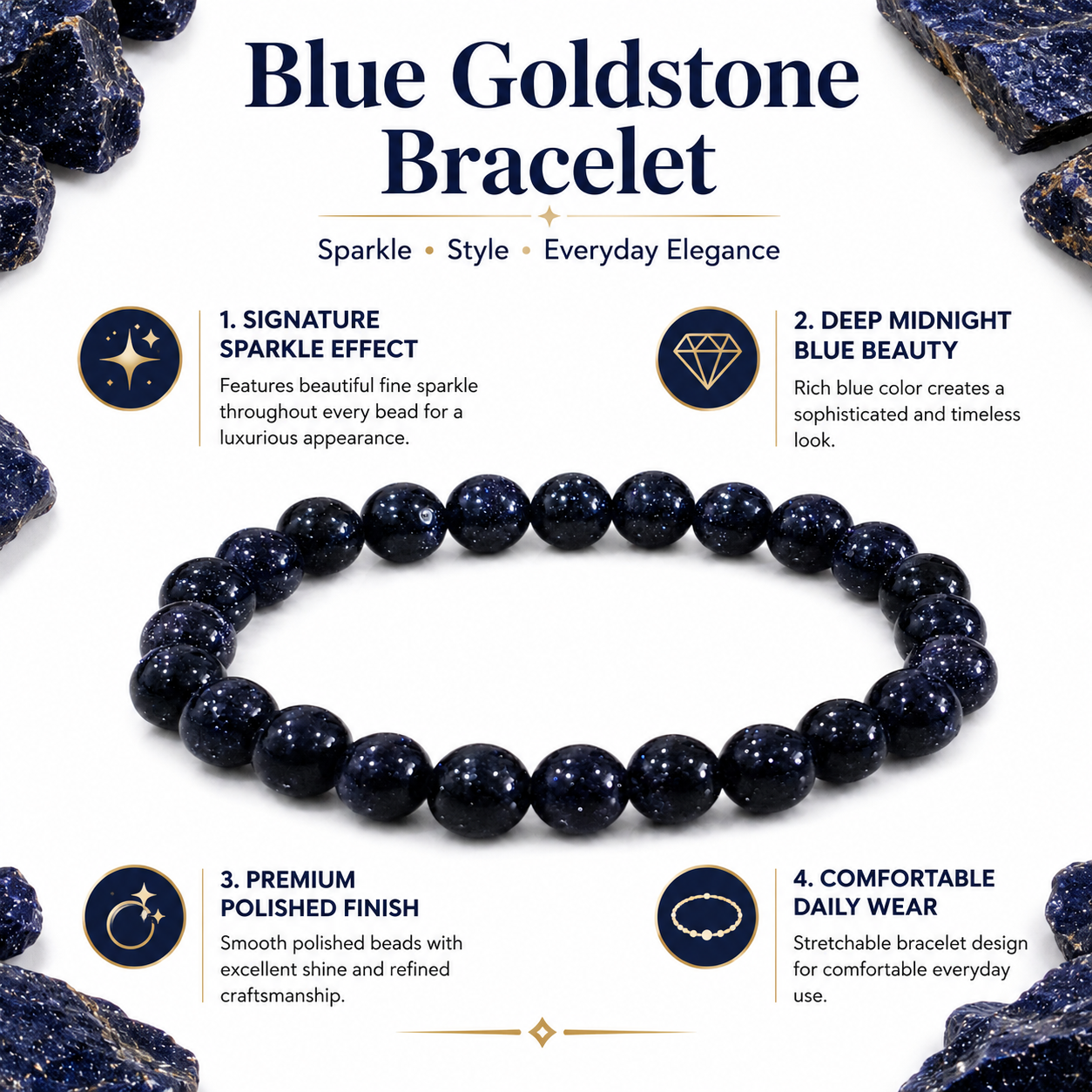 Blue Goldstone Bracelet 8mm | Certified Ambition, Confidence & Positive Energy Crystal Bracelet