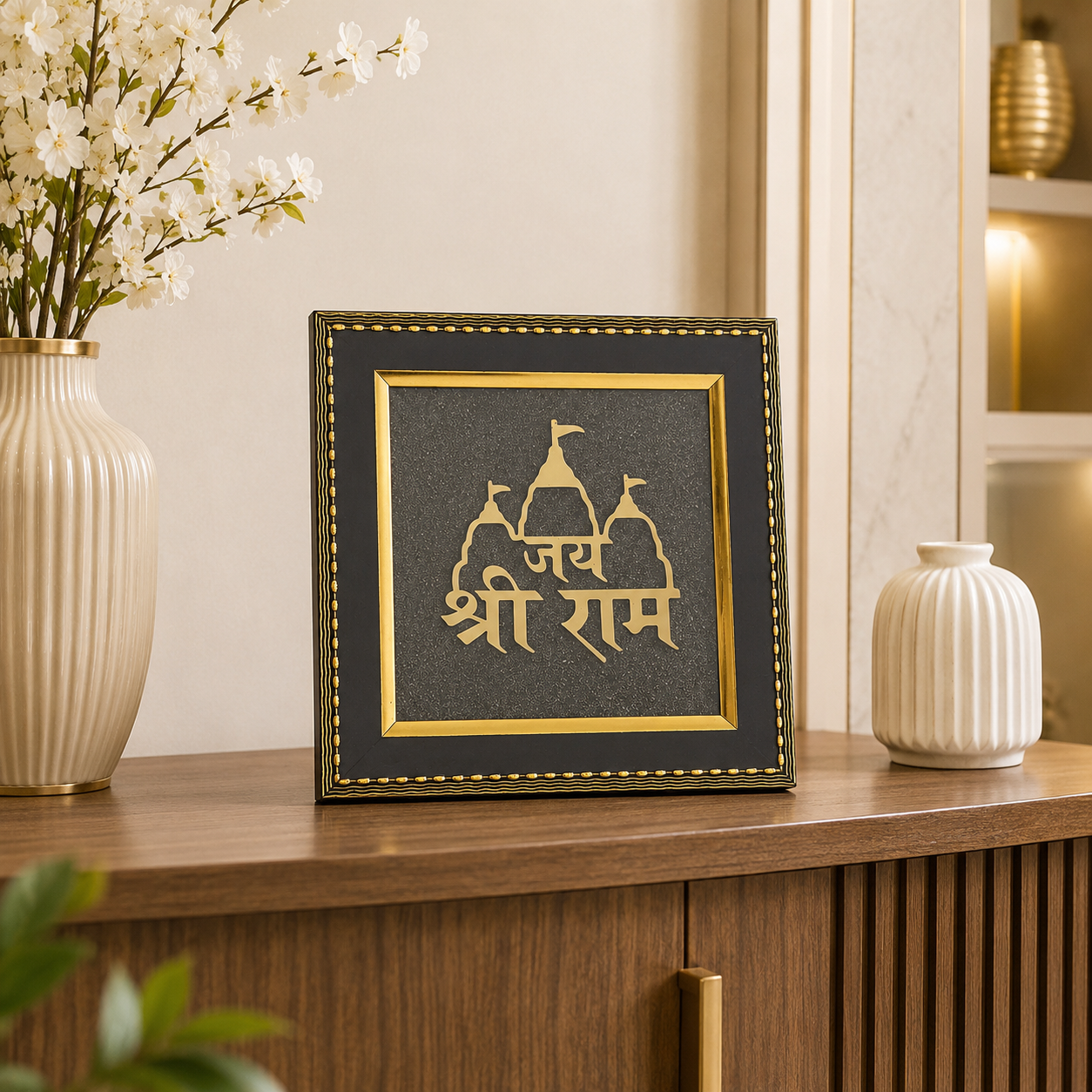 Natural Pyrite Jai Shri Ram Frame | Sacred Ram Mandir Wall Décor | Spiritual Decorative Frame for Home, Office & Pooja Room