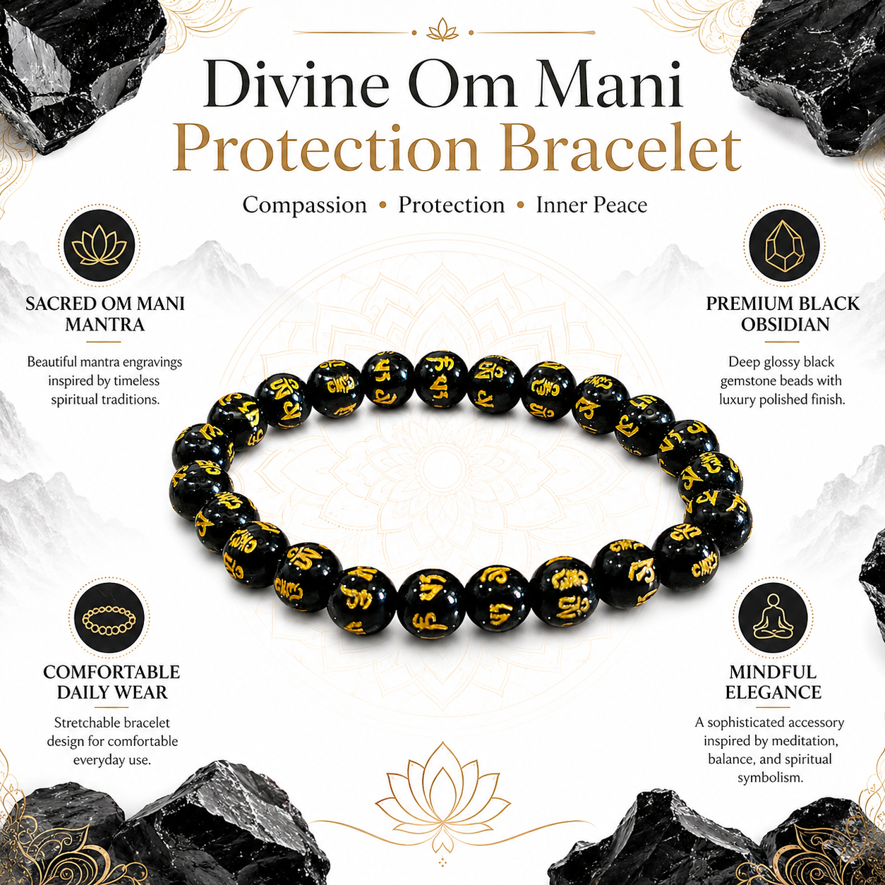 Divine OM Mani Protection Bracelet | Natural Black Obsidian Bracelet with Sacred Om Mani Mantra Beads