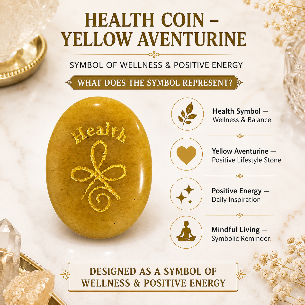 Natural Yellow Aventurine Health Coin | Wellness & Positive Energy Pocket Stone | Engraved Healing Symbol Crystal Coin
